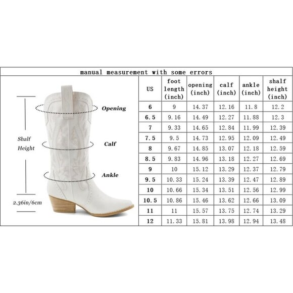 Women White Mid-calf Pointy Toe Embroidered Western Cowgirl Boots Chunky Heels - Picture 3 of 8